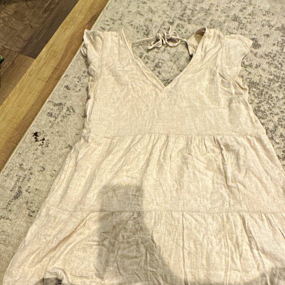 Abercrombie & Fitch White Solid V-Neck Tiered Sleeveless Linen Midi Dress L
